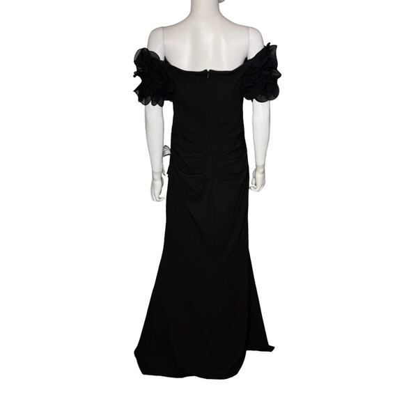 XSCAPE “Ashlyn” Long Scuba Crepe Off the Shoulder Wire Flower Gown Black Sz 10 - Picture 5 of 10
